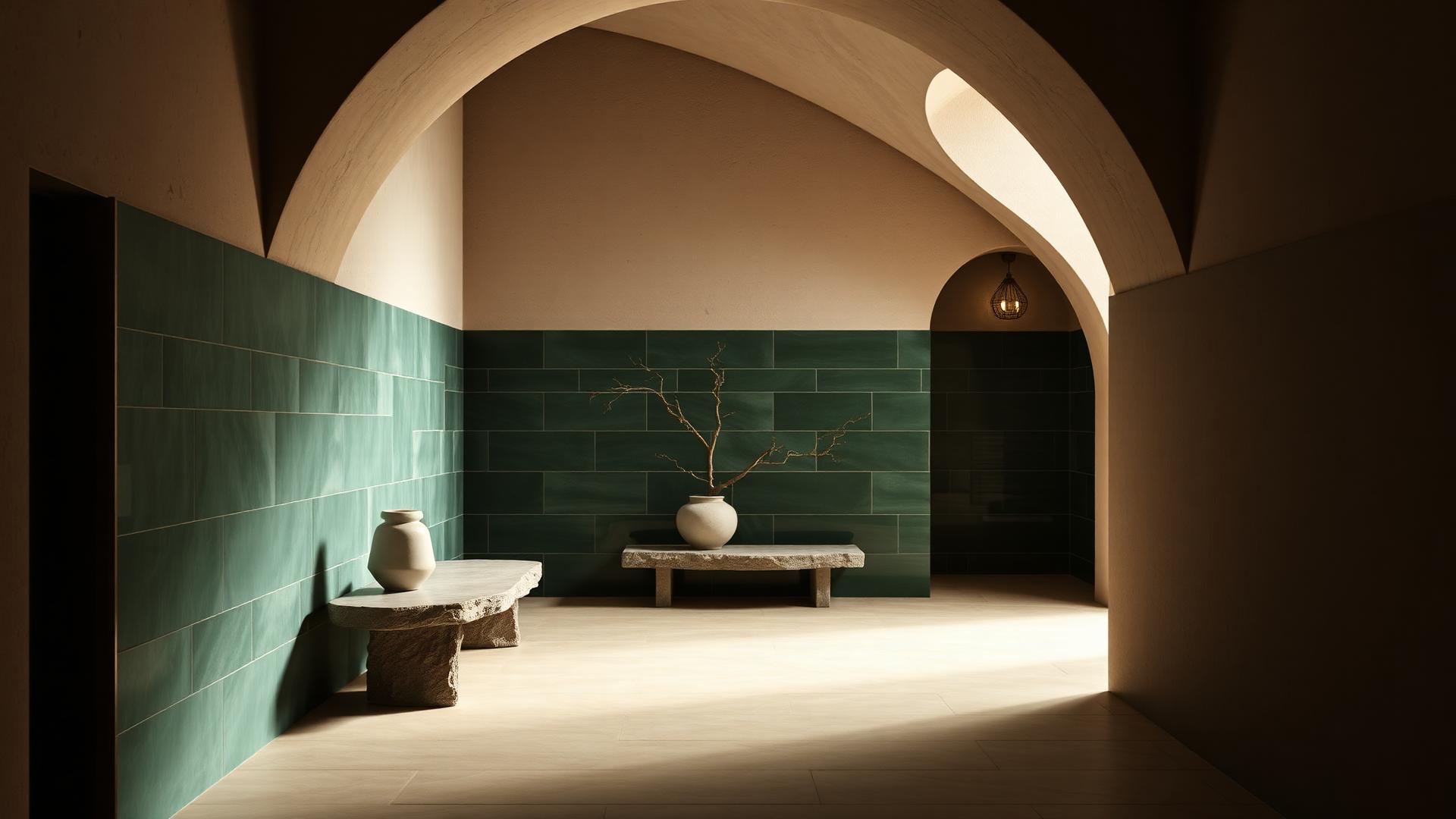 Arched interior passage with deep green handmade tiles