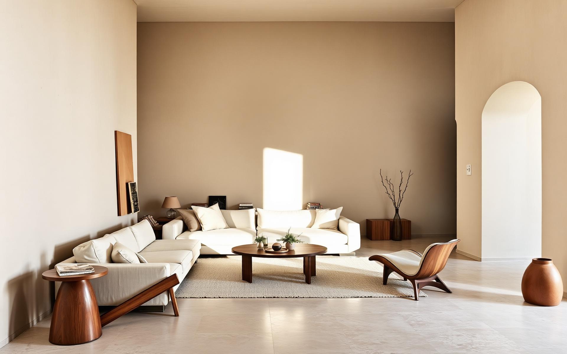 Warm living room with linen seating, walnut furniture and textured plaster walls