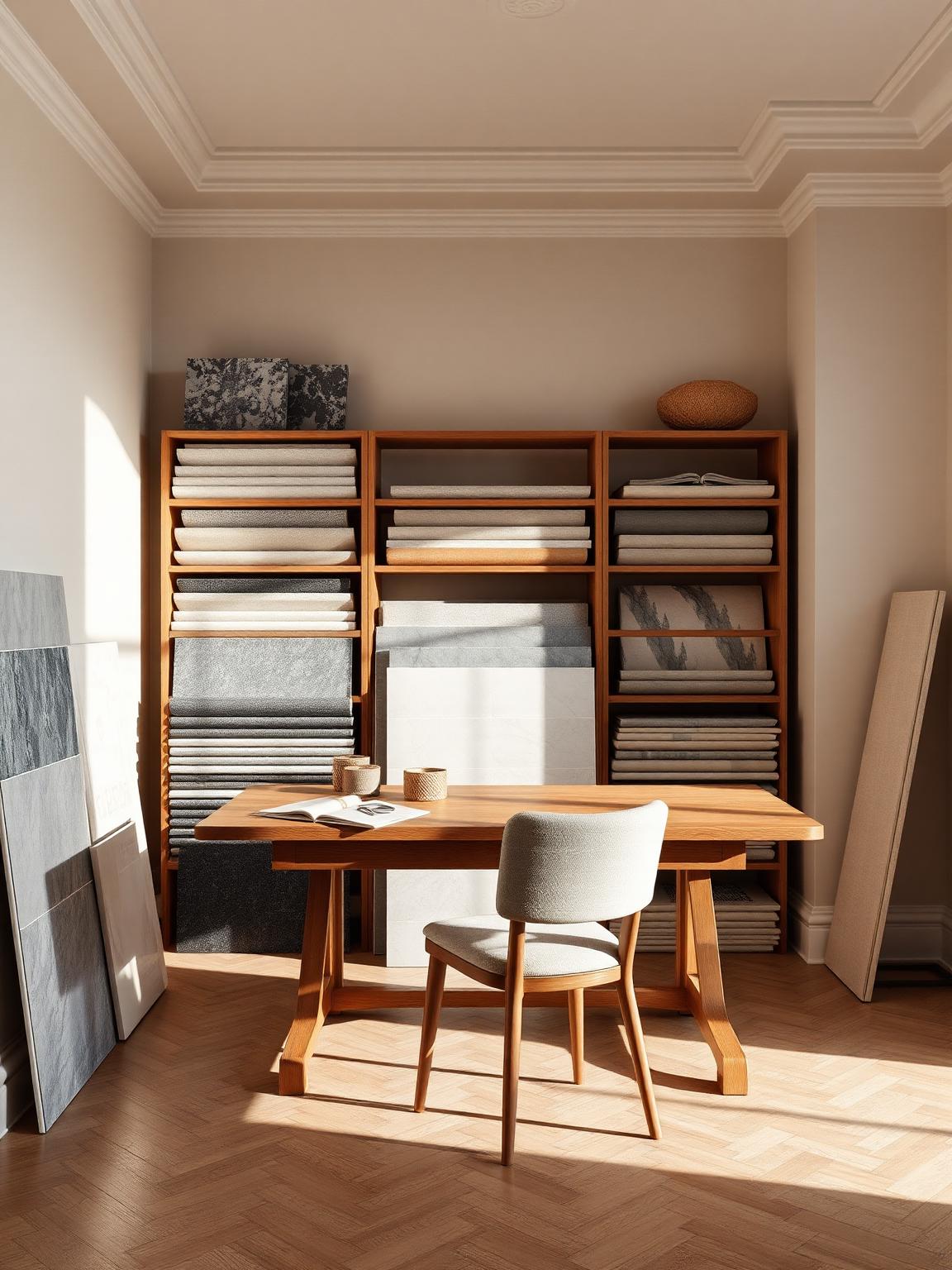 Design studio material library with stone and textile samples