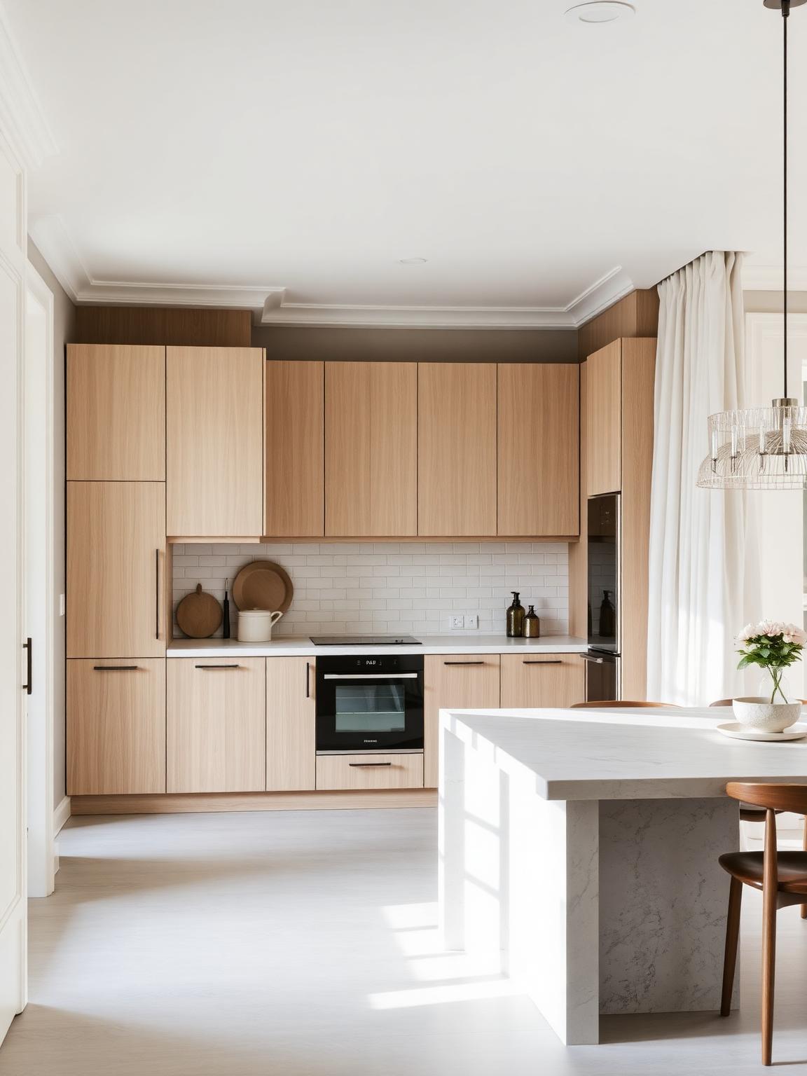 Light-filled oak kitchen with stone island and handmade tile